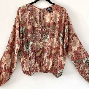 Angie peach rayon leopard print floral blouse long dolman sleeve elastic waist L